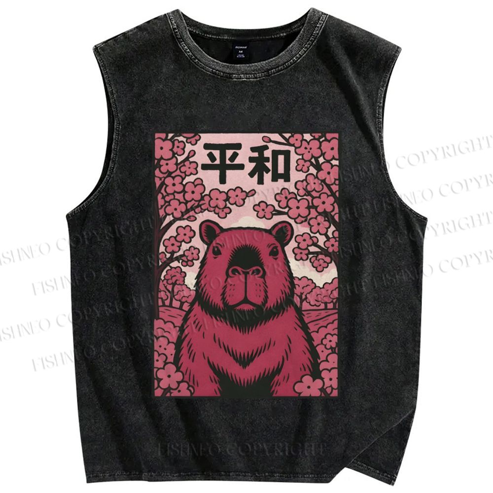 Unisex Capybara in Peace Printed Washed Tank Top