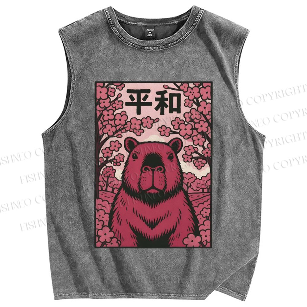 Unisex Capybara in Peace Printed Washed Tank Top