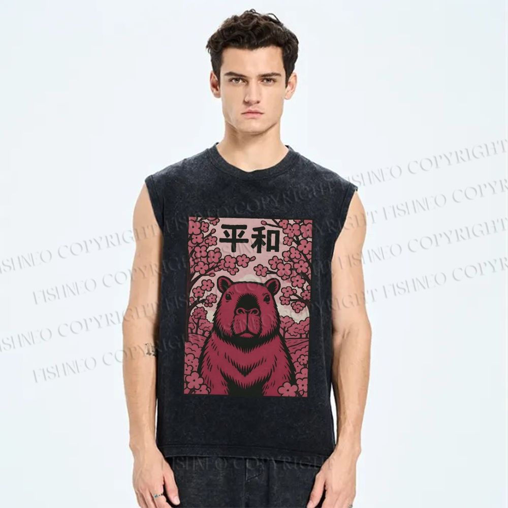 Unisex Capybara in Peace Printed Washed Tank Top