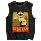 Unisex Fancy Cat Printed Washed Tank Top