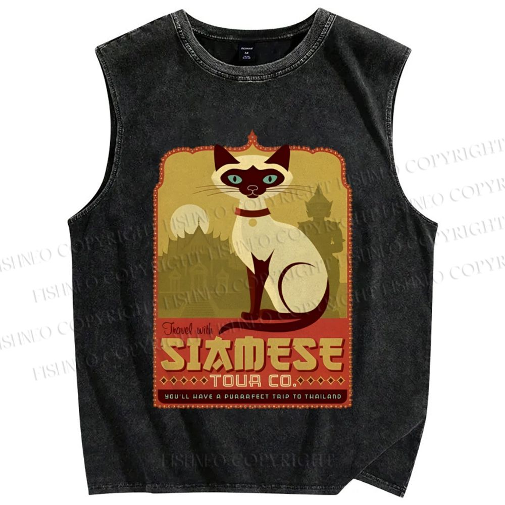 Unisex Fancy Cat Printed Washed Tank Top