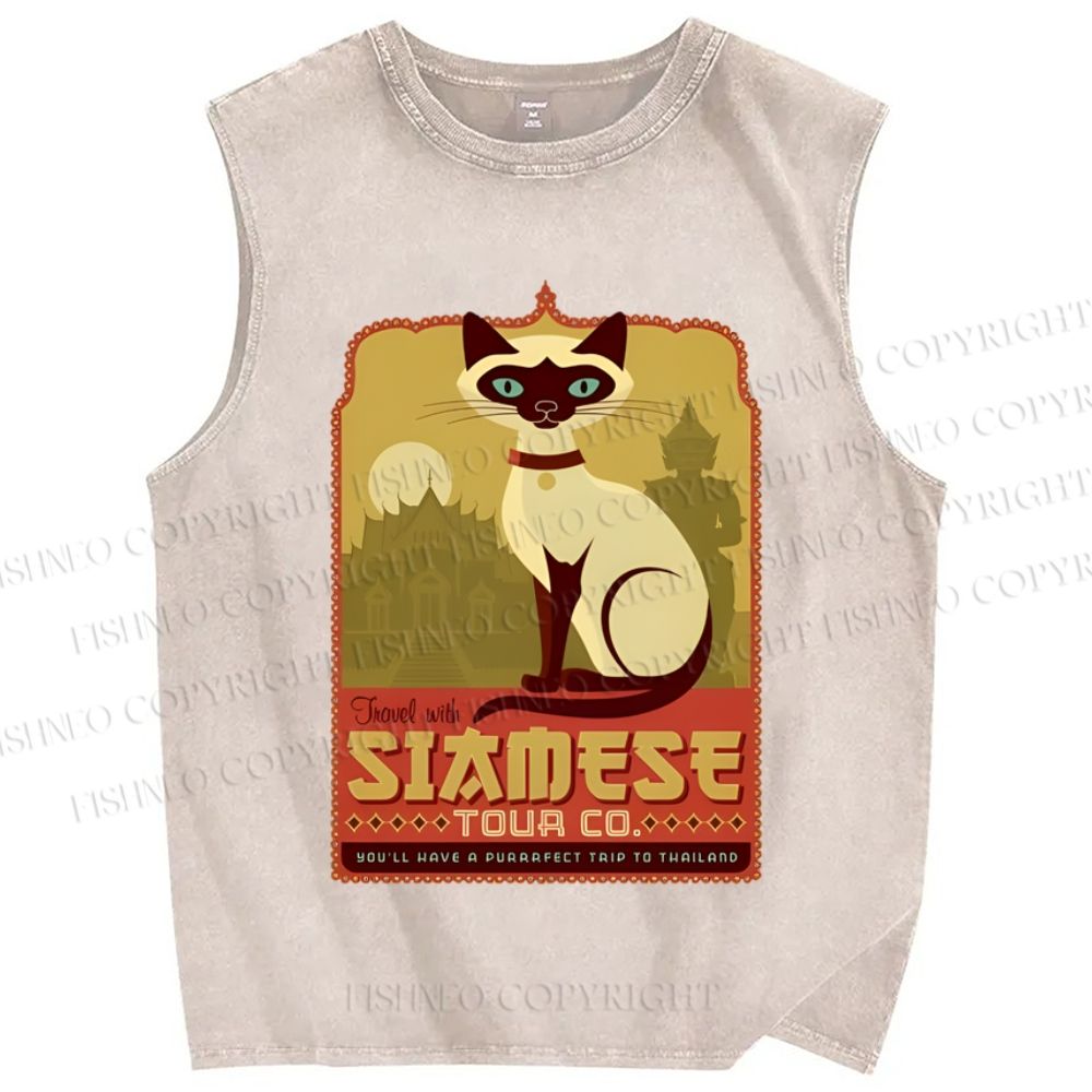 Unisex Fancy Cat Printed Washed Tank Top