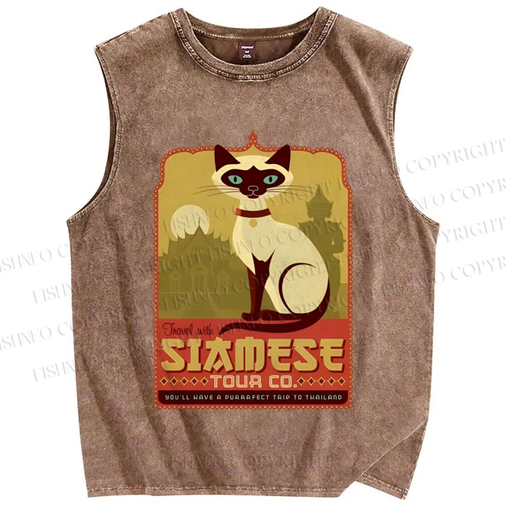 Unisex Fancy Cat Printed Washed Tank Top
