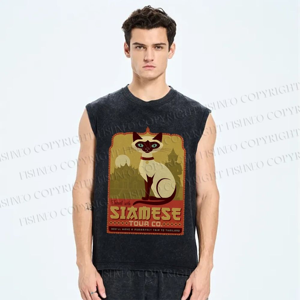 Unisex Fancy Cat Printed Washed Tank Top