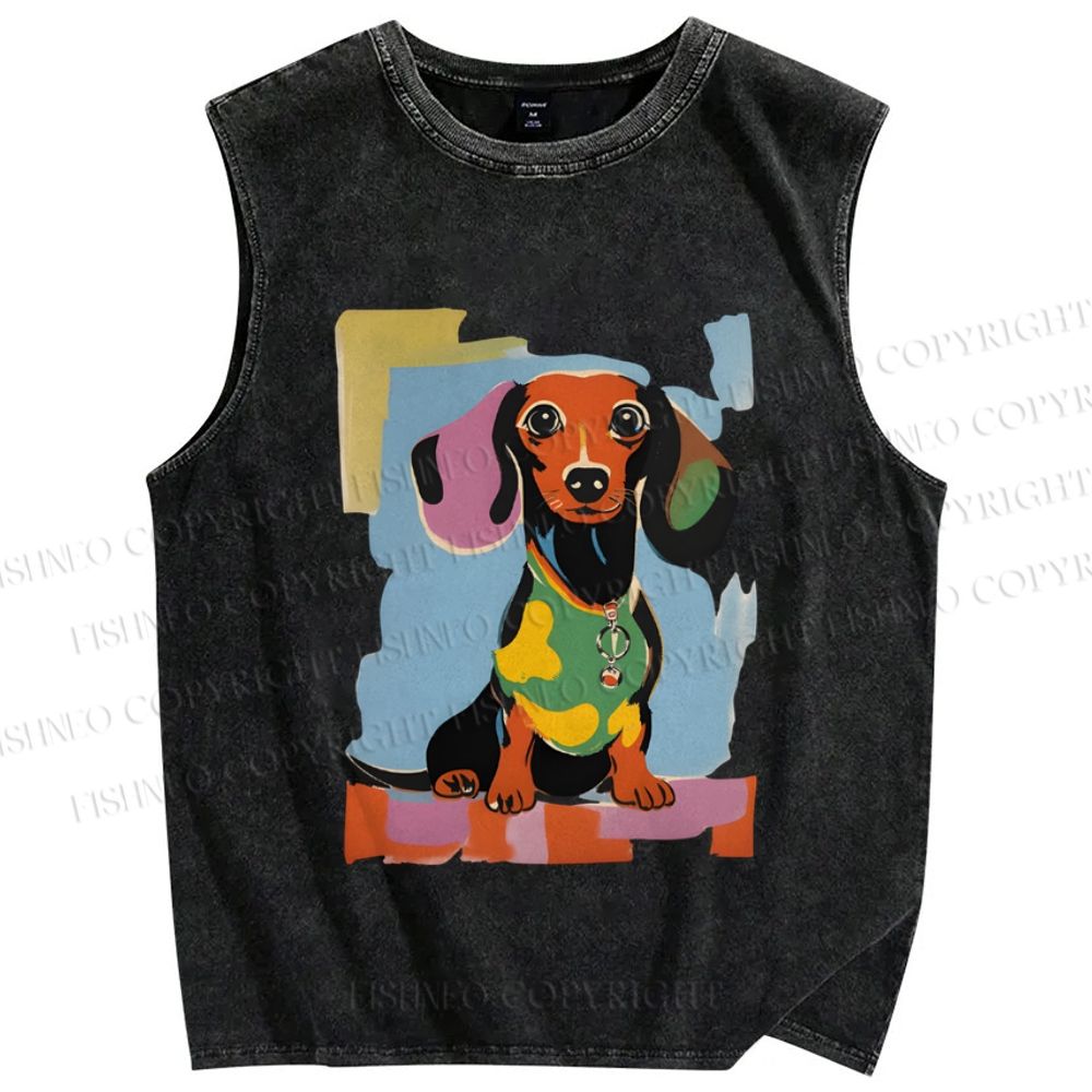 Unisex Dachshund Dog Printed Washed Tank Top