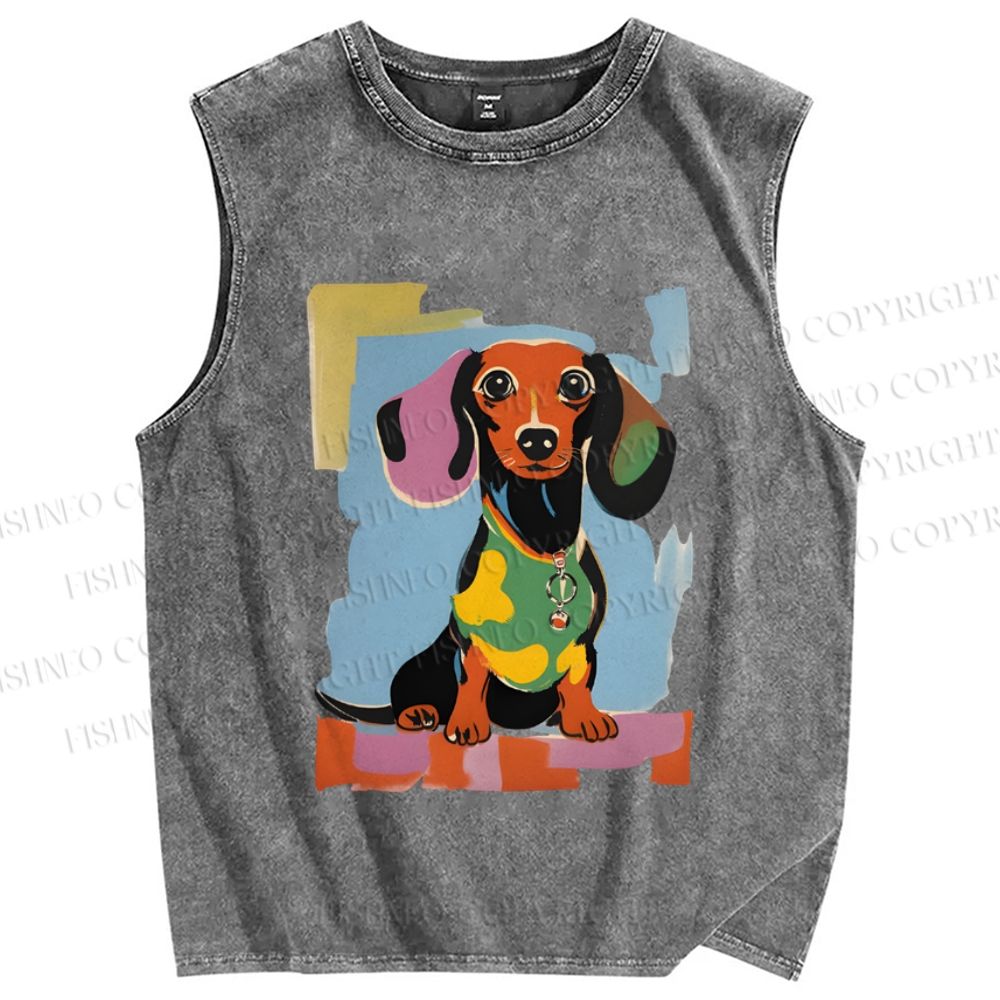 Unisex Dachshund Dog Printed Washed Tank Top