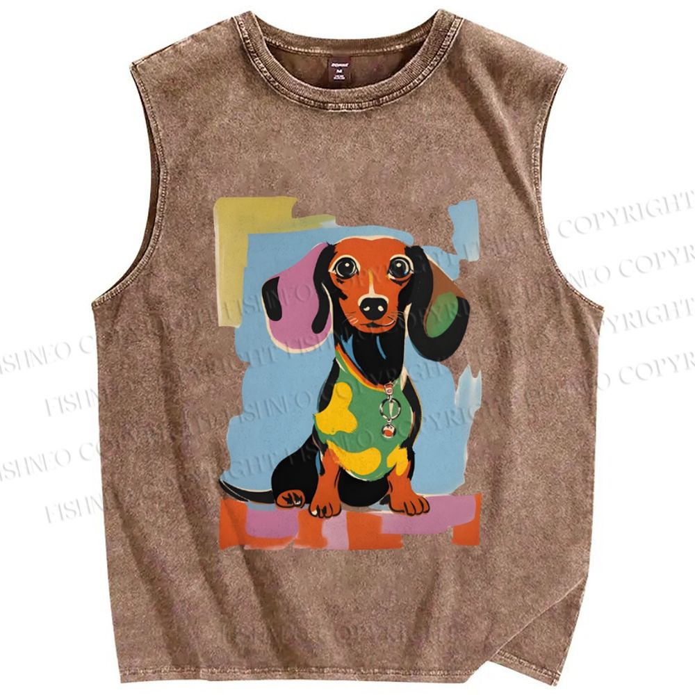 Unisex Dachshund Dog Printed Washed Tank Top