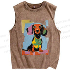 Unisex Dachshund Dog Printed Washed Tank Top