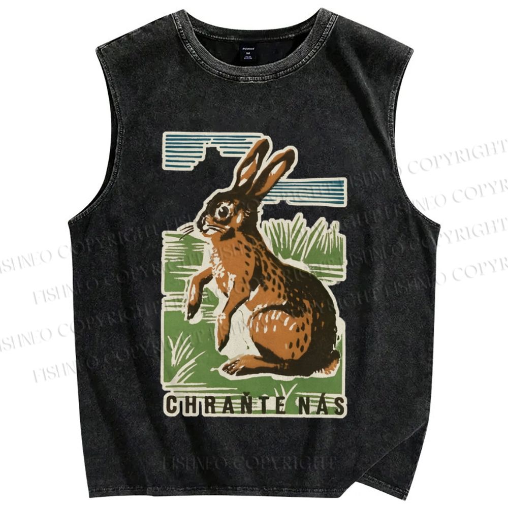 Unisex Vintage Rabbit Printed Washed Tank Top