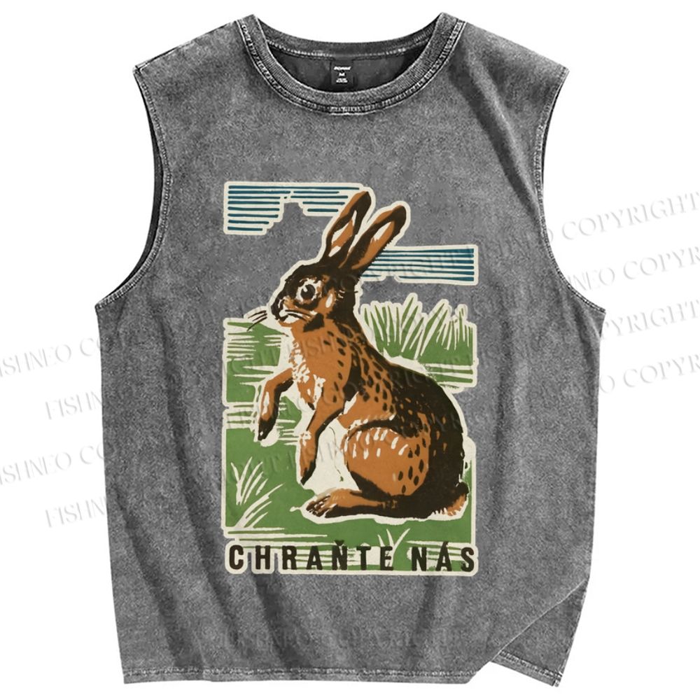 Unisex Vintage Rabbit Printed Washed Tank Top