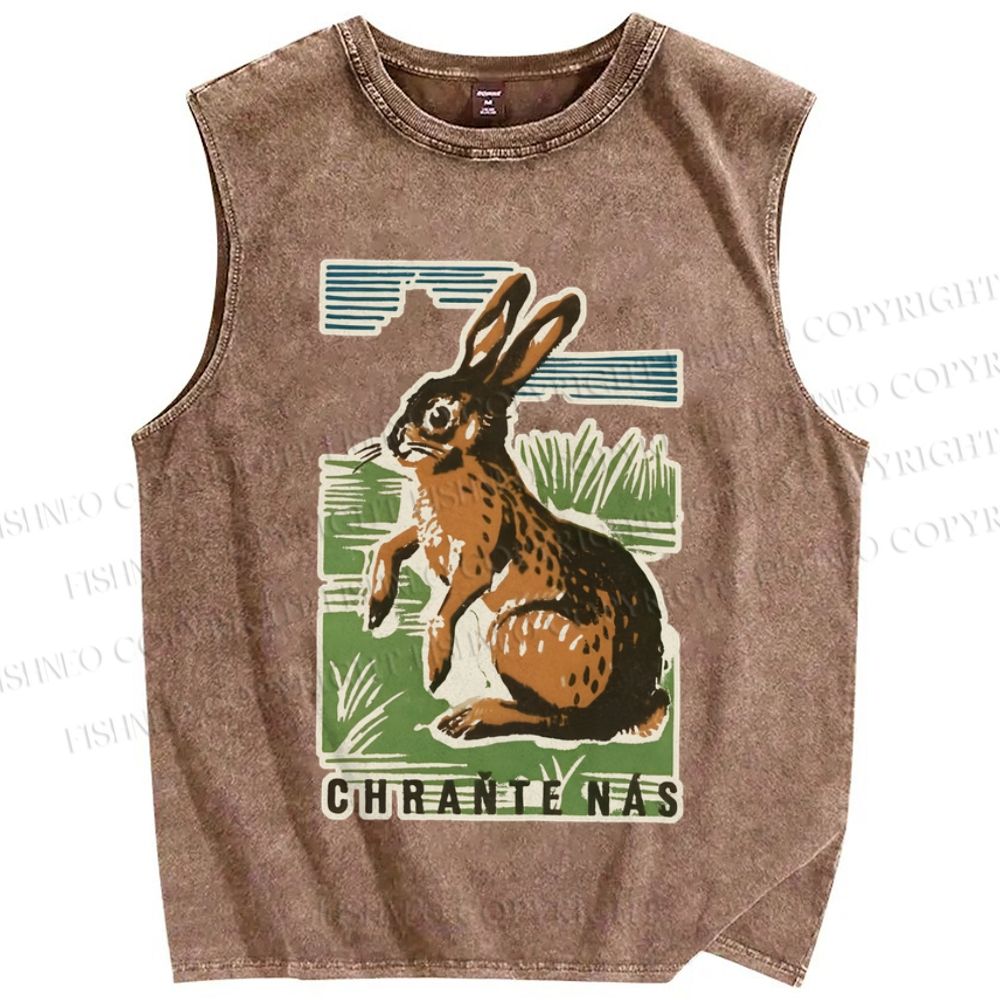 Unisex Vintage Rabbit Printed Washed Tank Top