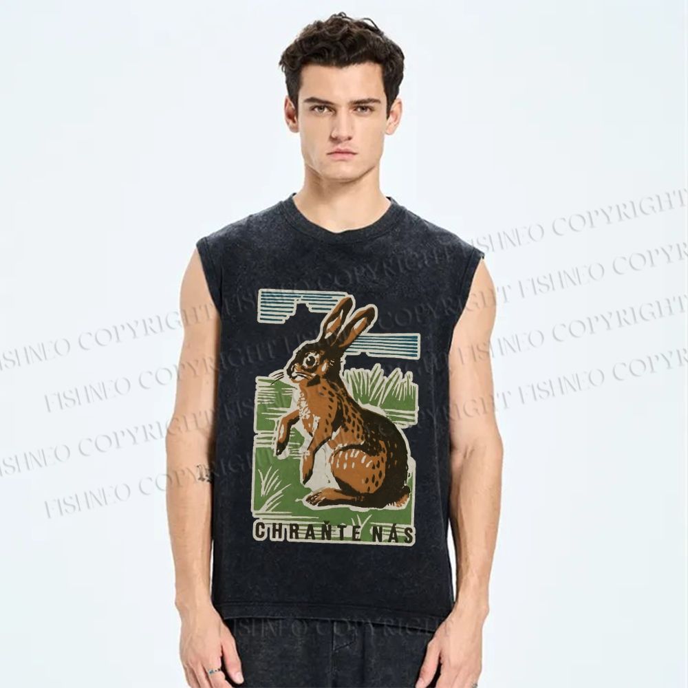 Unisex Vintage Rabbit Printed Washed Tank Top