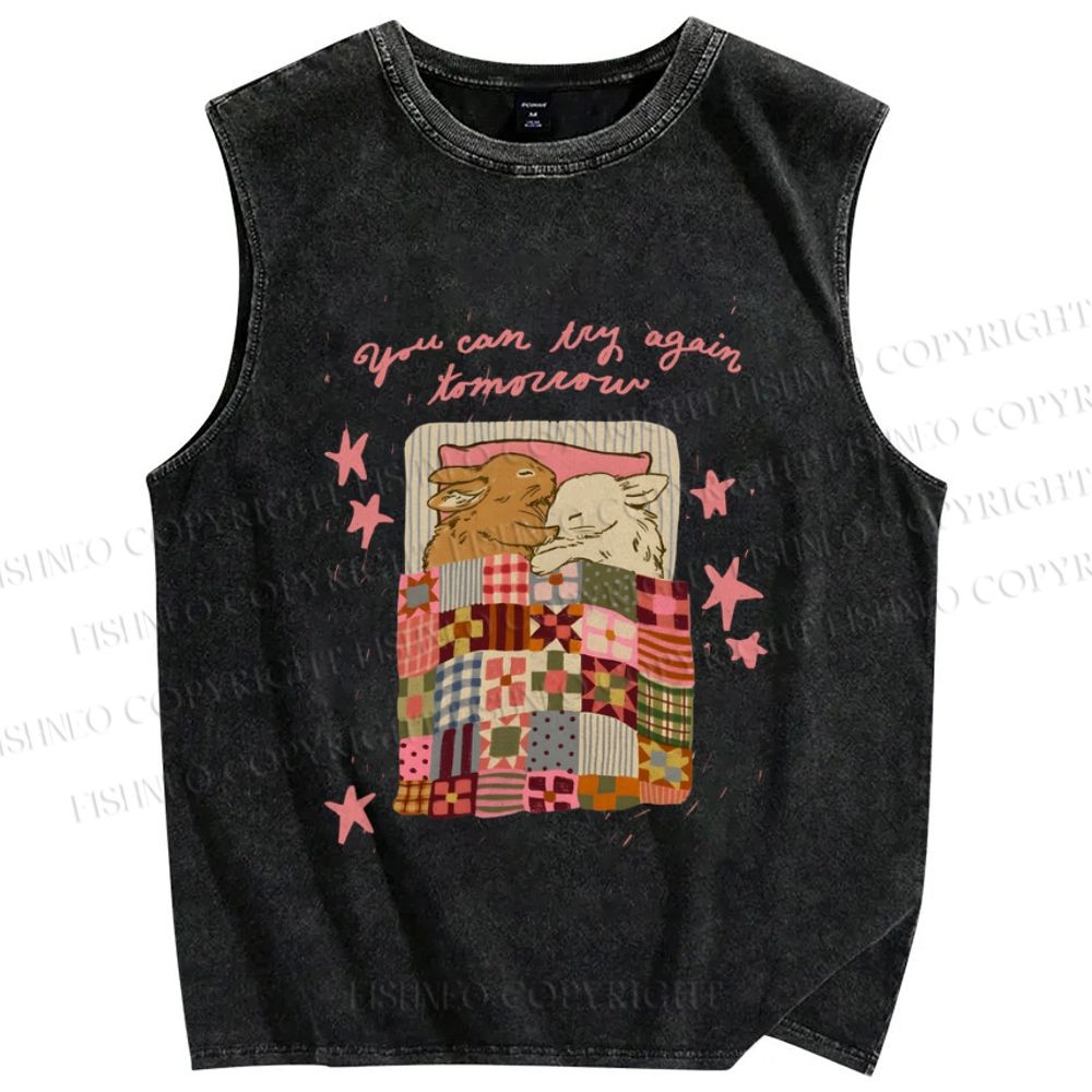 Unisex Rabbits Sleeping You can try again tomorrow Printed Washed Tank Top