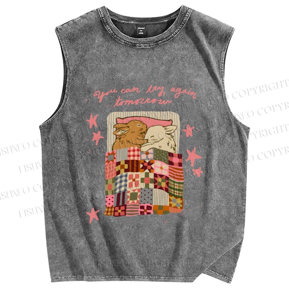 Unisex Rabbits Sleeping You can try again tomorrow Printed Washed Tank Top