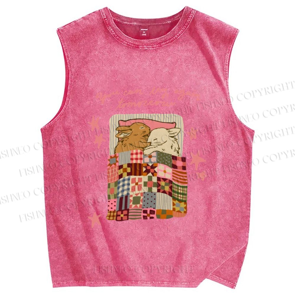 Unisex Rabbits Sleeping You can try again tomorrow Printed Washed Tank Top