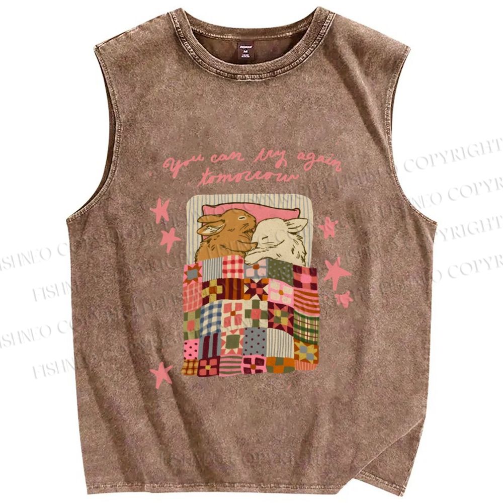 Unisex Rabbits Sleeping You can try again tomorrow Printed Washed Tank Top