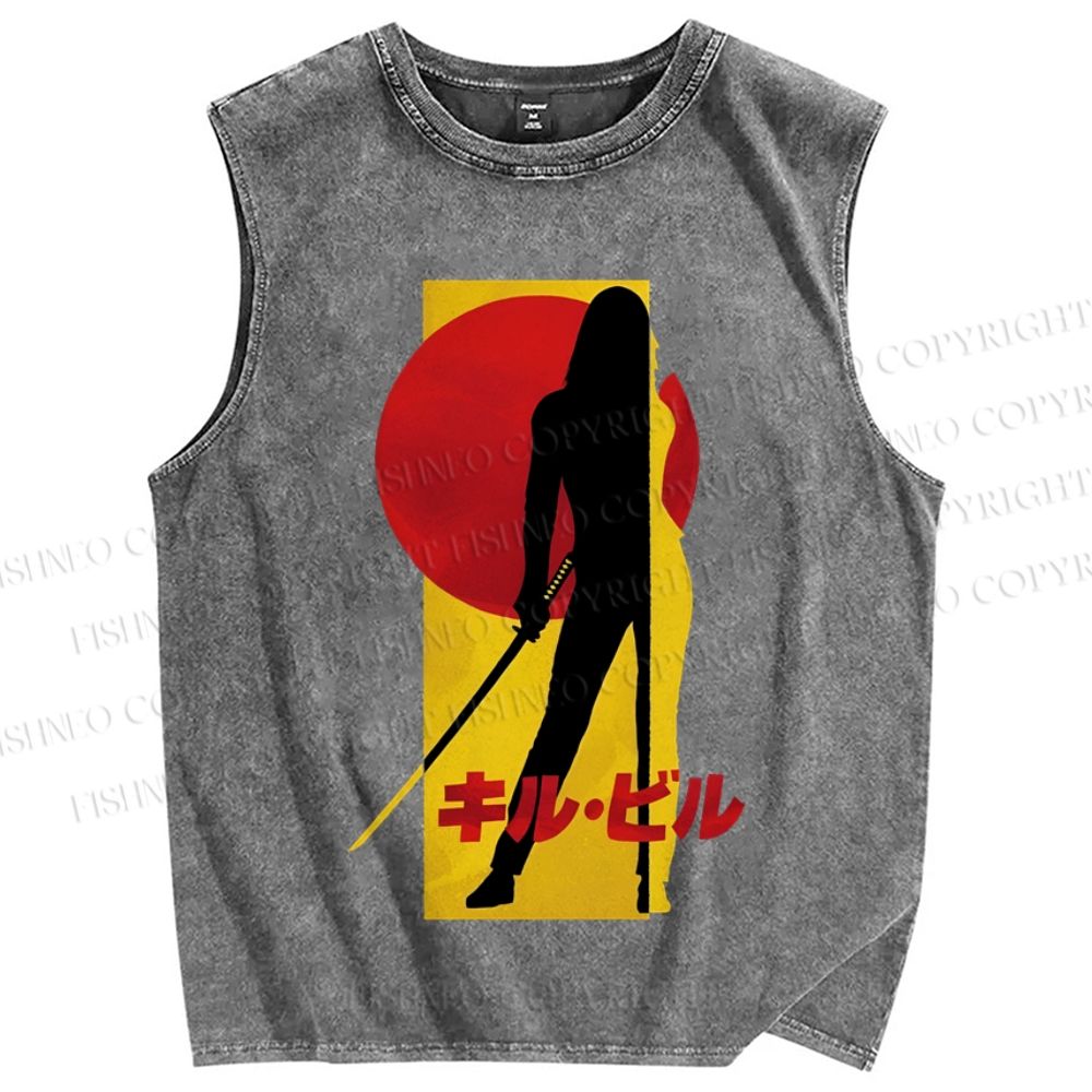 Unisex Kill Bill Japanese Graffiti Printed Washed Tank Top