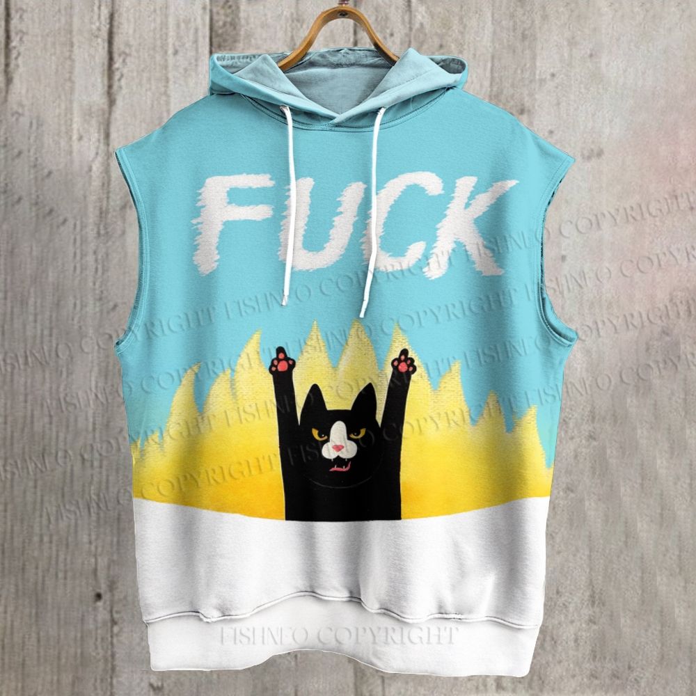 Unisex Fuck Cat Printed Sleeveless Hoodie