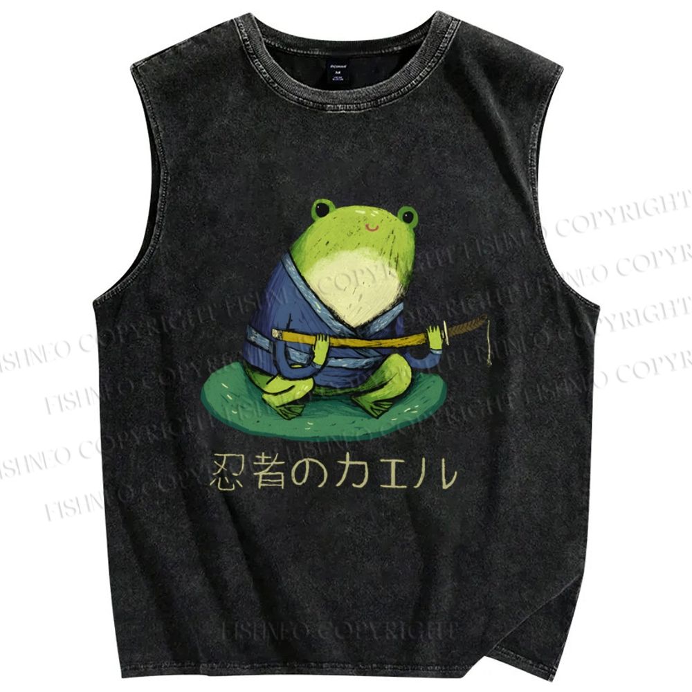 Unisex Ninja Frog Printed Washed Tank Top