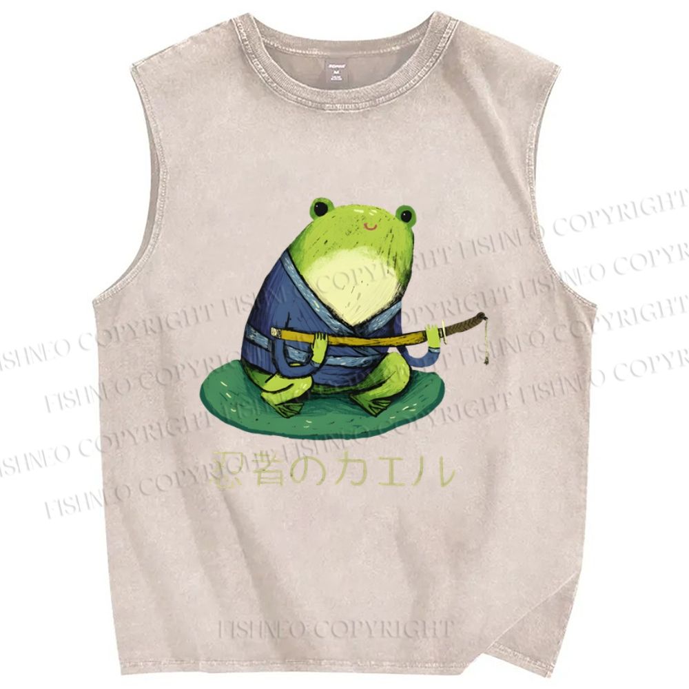 Unisex Ninja Frog Printed Washed Tank Top