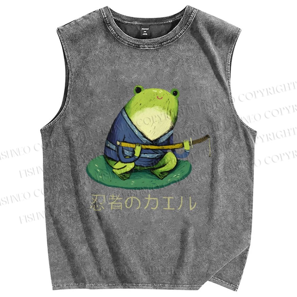 Unisex Ninja Frog Printed Washed Tank Top