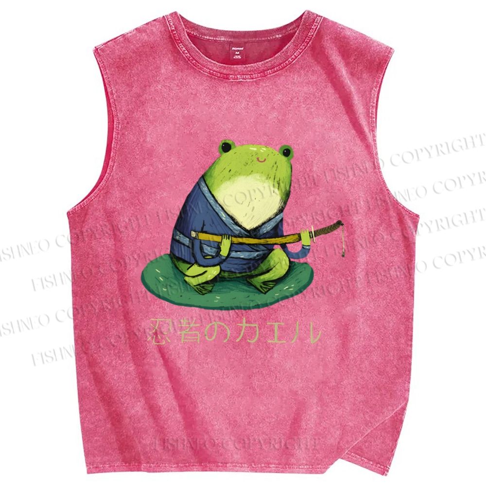 Unisex Ninja Frog Printed Washed Tank Top