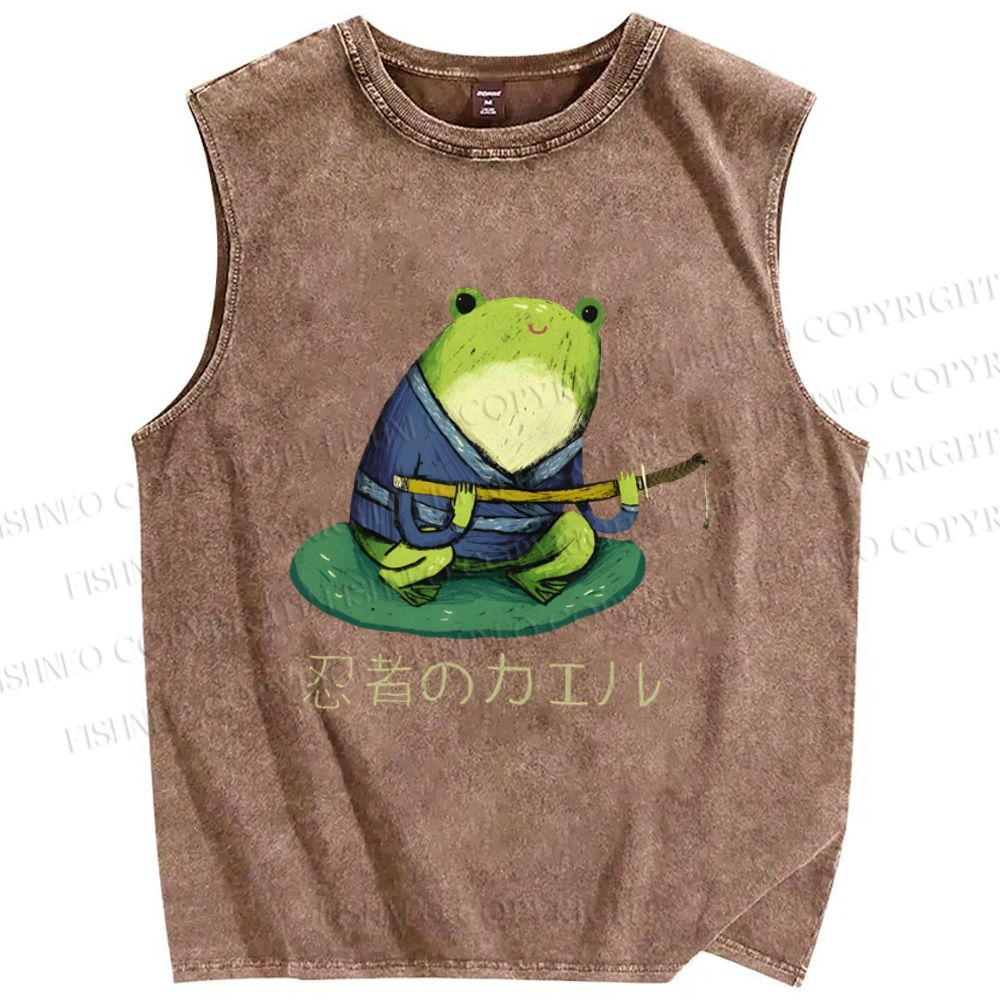 Unisex Ninja Frog Printed Washed Tank Top