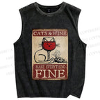 Unisex Cats and Wine Make Everything Fine Printed Washed Tank Top