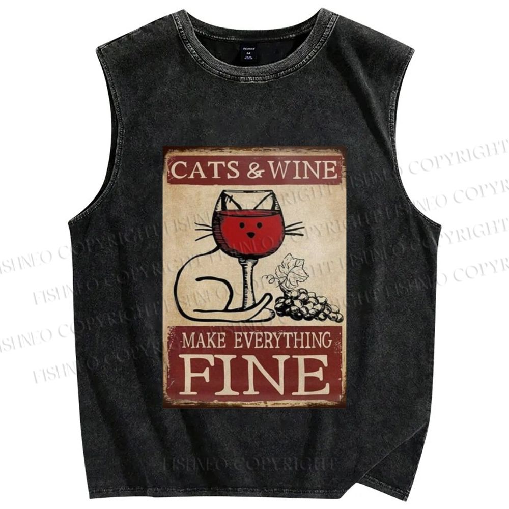 Unisex Cats and Wine Make Everything Fine Printed Washed Tank Top