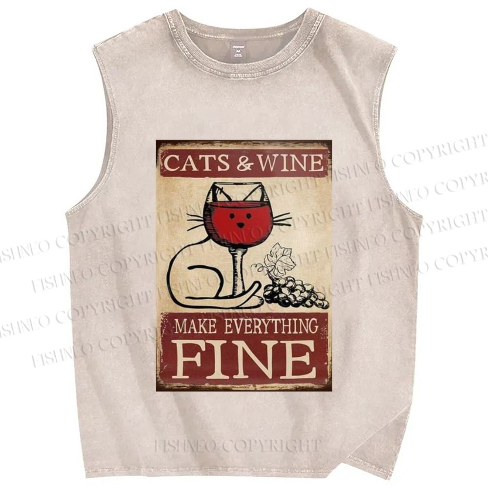 Unisex Cats and Wine Make Everything Fine Printed Washed Tank Top