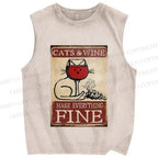 Unisex Cats and Wine Make Everything Fine Printed Washed Tank Top