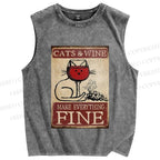 Unisex Cats and Wine Make Everything Fine Printed Washed Tank Top