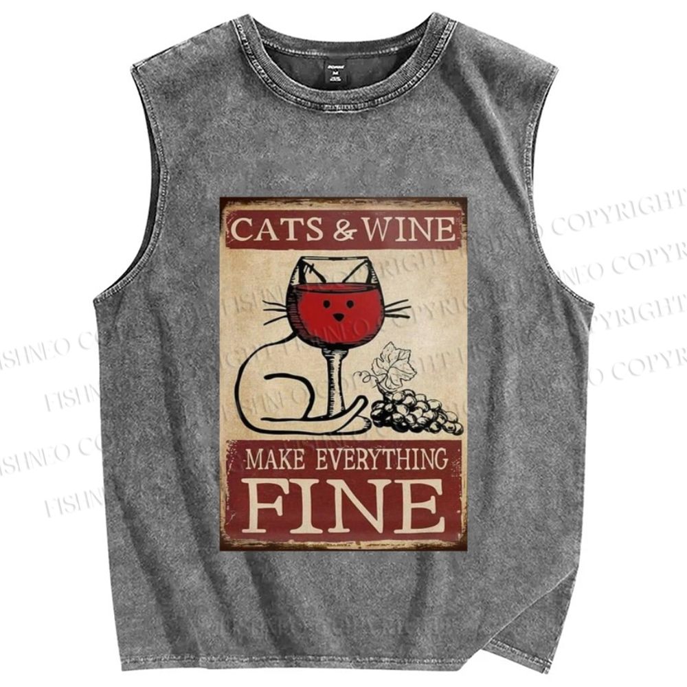 Unisex Cats and Wine Make Everything Fine Printed Washed Tank Top