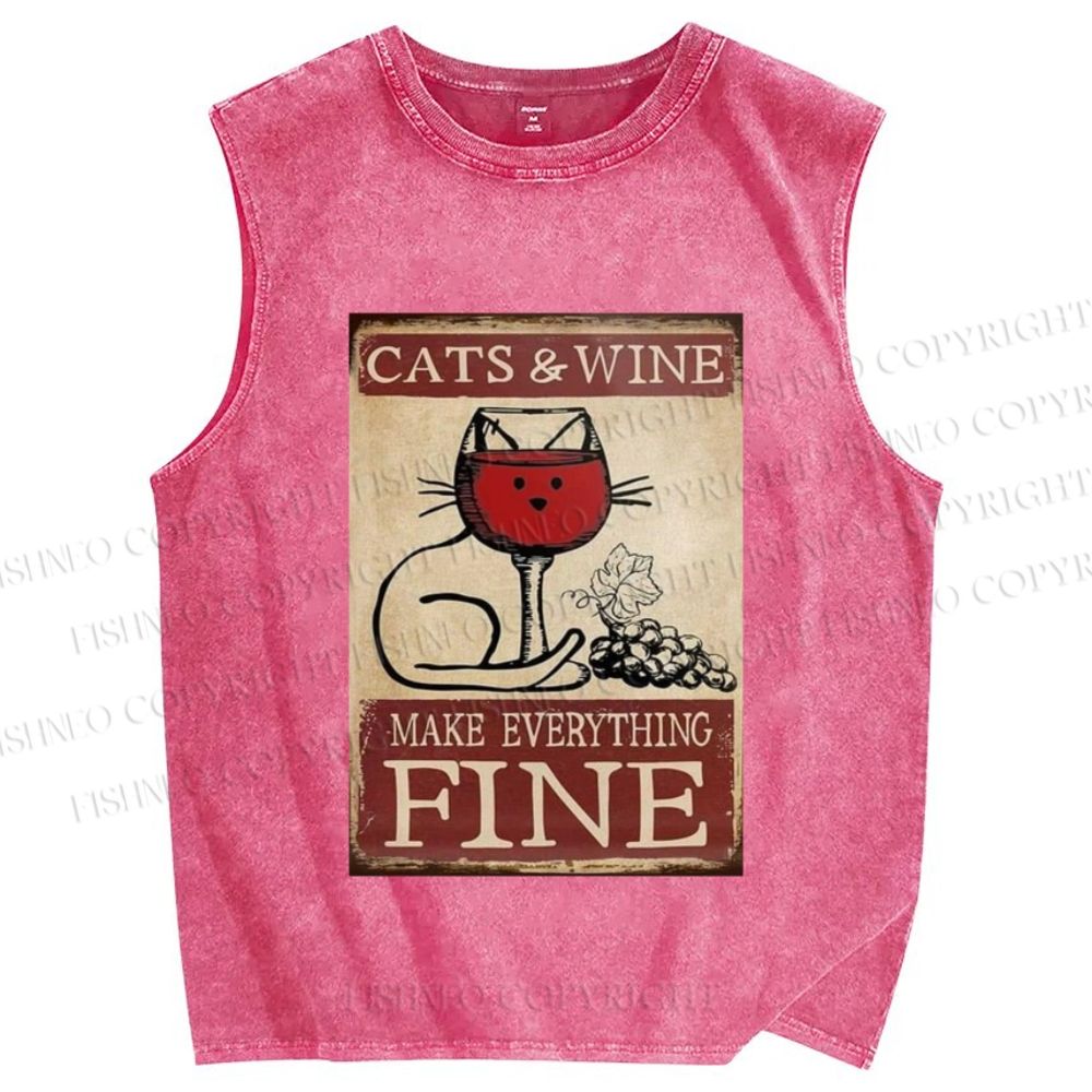 Unisex Cats and Wine Make Everything Fine Printed Washed Tank Top