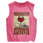 Unisex Cats and Wine Make Everything Fine Printed Washed Tank Top
