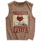 Unisex Cats and Wine Make Everything Fine Printed Washed Tank Top