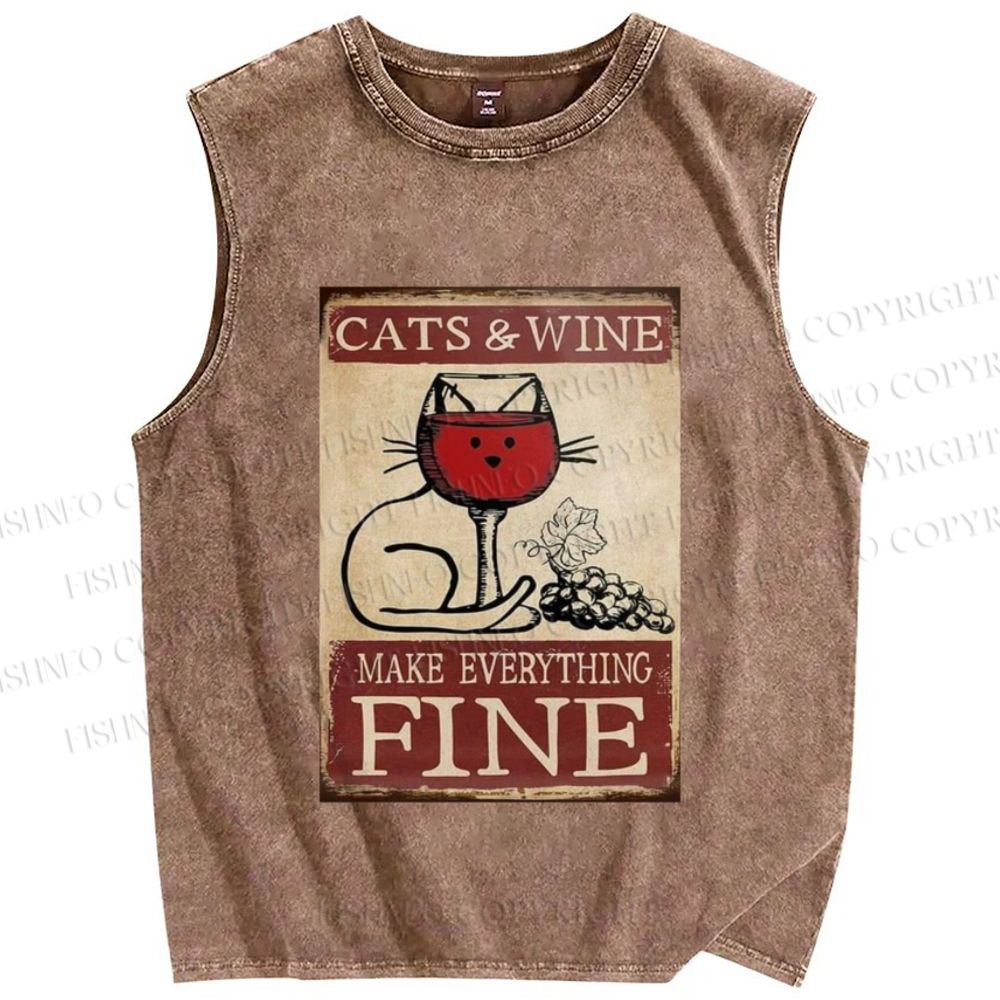 Unisex Cats and Wine Make Everything Fine Printed Washed Tank Top