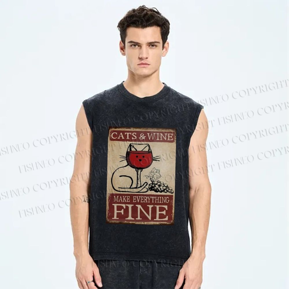 Unisex Cats and Wine Make Everything Fine Printed Washed Tank Top