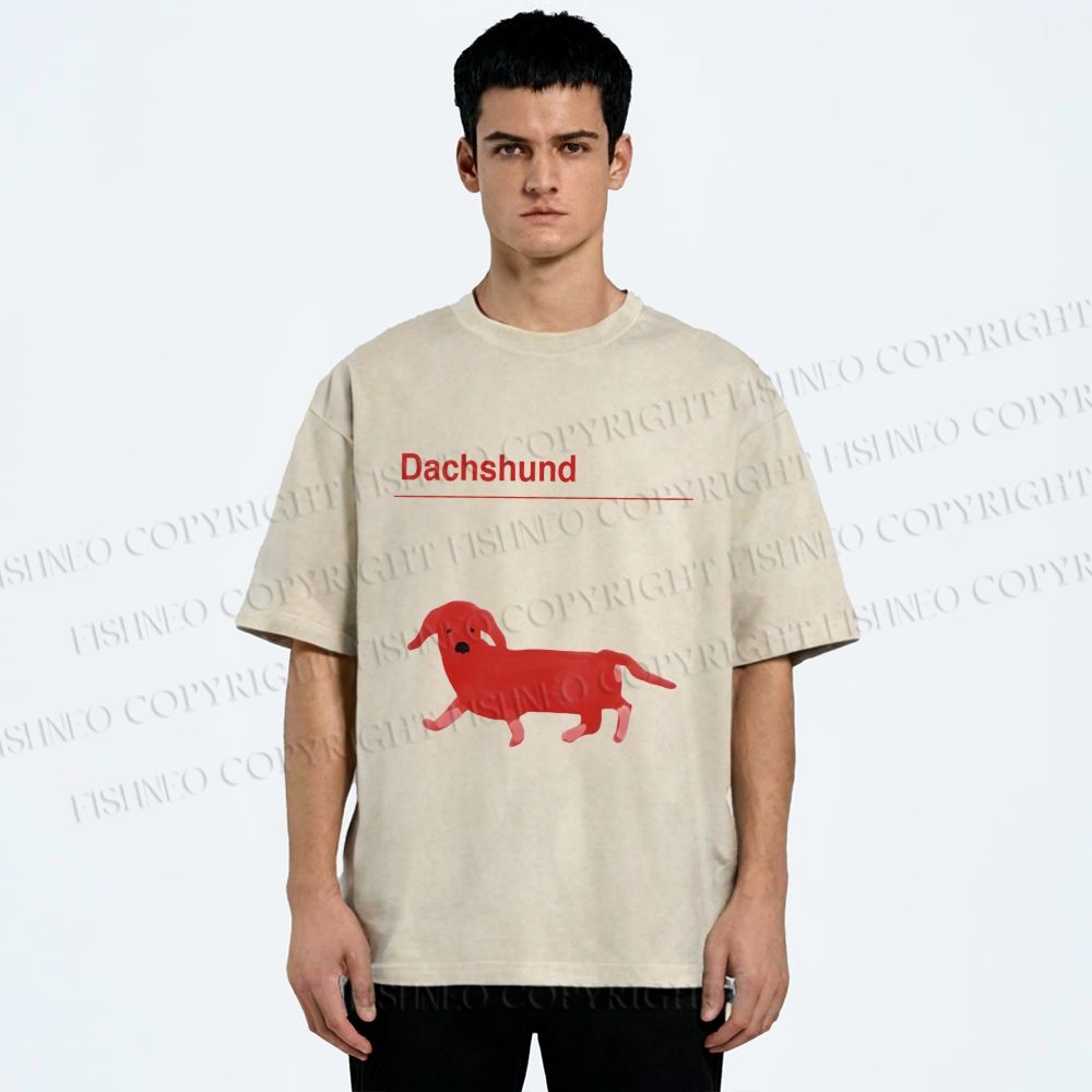 Unisex Dachshund Red Dog Printed Washed Tee