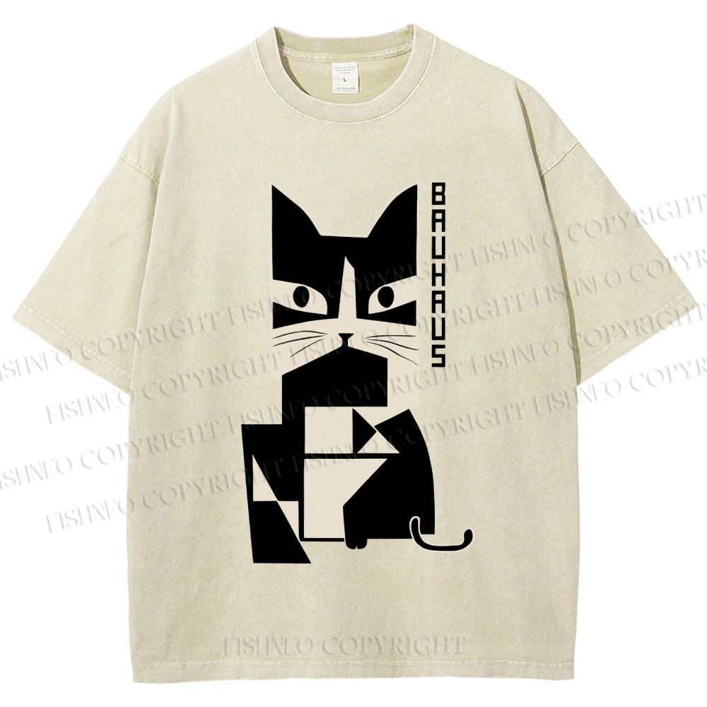 Unisex Bauhaus Geometric Cat Printed Washed Tee