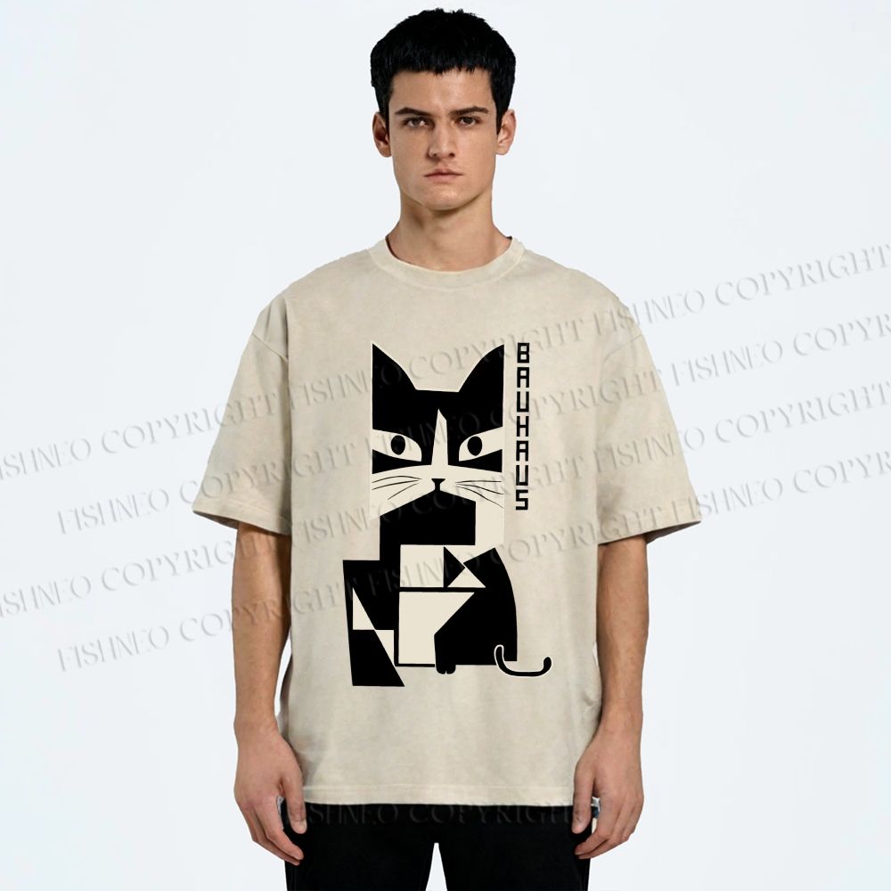 Unisex Bauhaus Geometric Cat Printed Washed Tee