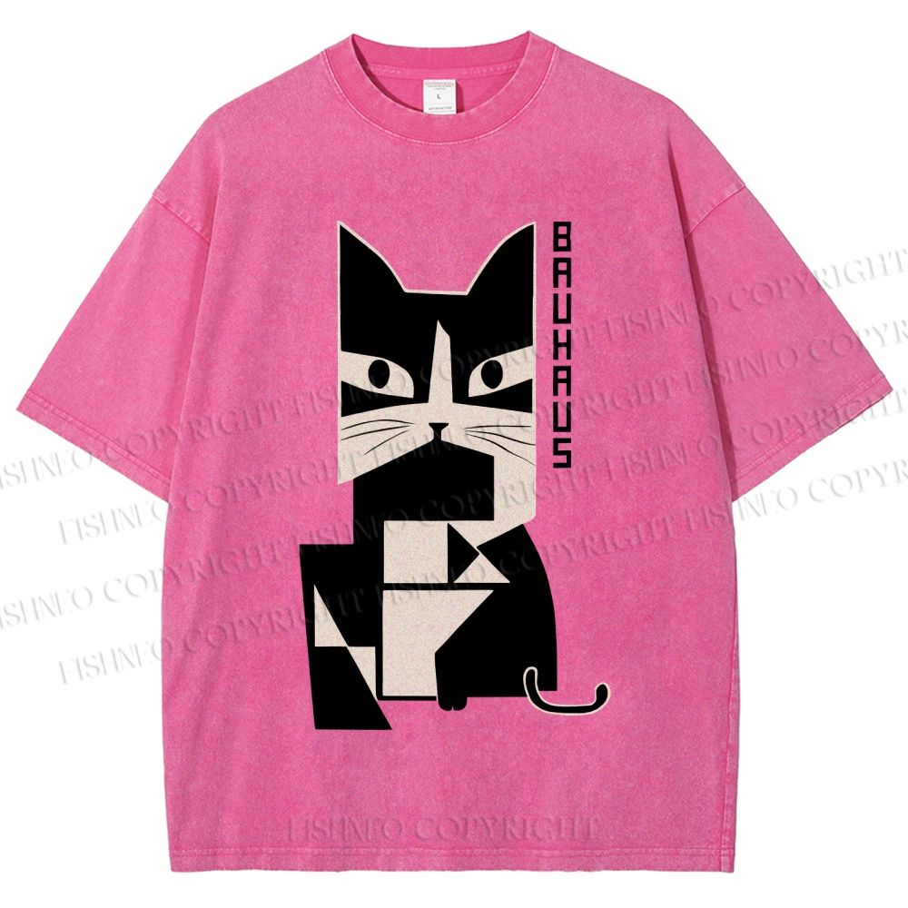 Unisex Bauhaus Geometric Cat Printed Washed Tee