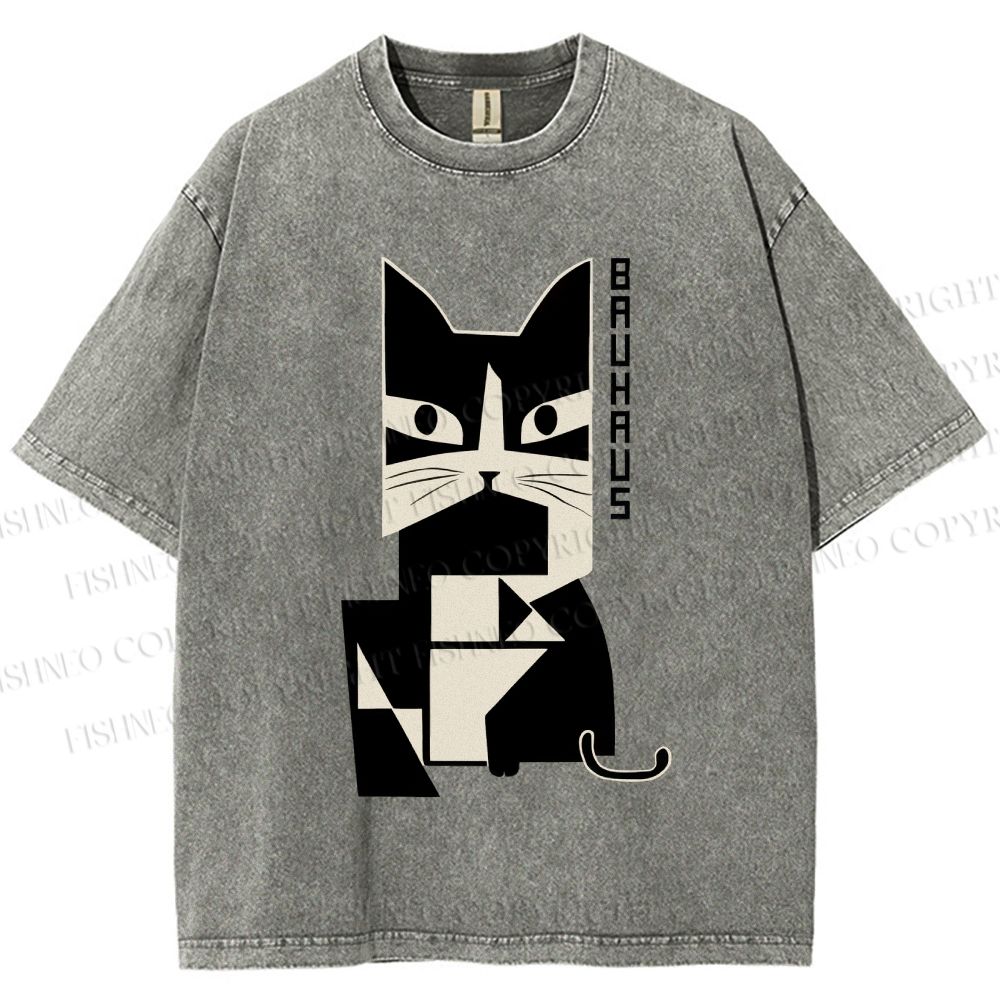 Unisex Bauhaus Geometric Cat Printed Washed Tee