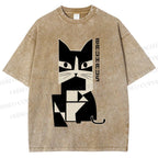 Unisex Bauhaus Geometric Cat Printed Washed Tee