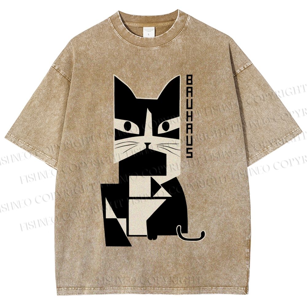 Unisex Bauhaus Geometric Cat Printed Washed Tee