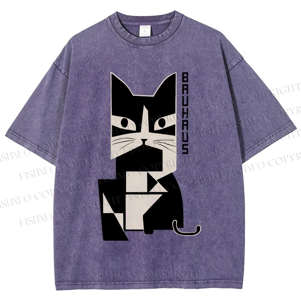 Unisex Bauhaus Geometric Cat Printed Washed Tee