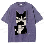 Unisex Bauhaus Geometric Cat Printed Washed Tee