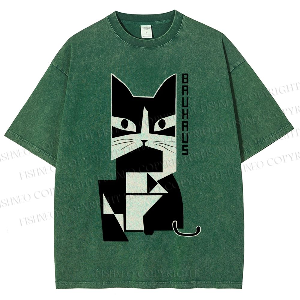 Unisex Bauhaus Geometric Cat Printed Washed Tee