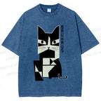 Unisex Bauhaus Geometric Cat Printed Washed Tee