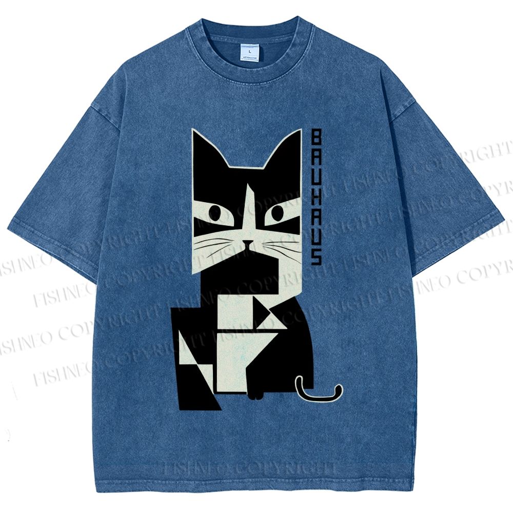 Unisex Bauhaus Geometric Cat Printed Washed Tee